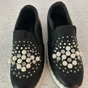 Elegant Black Slip-On Shoes with Pearl Embellishments